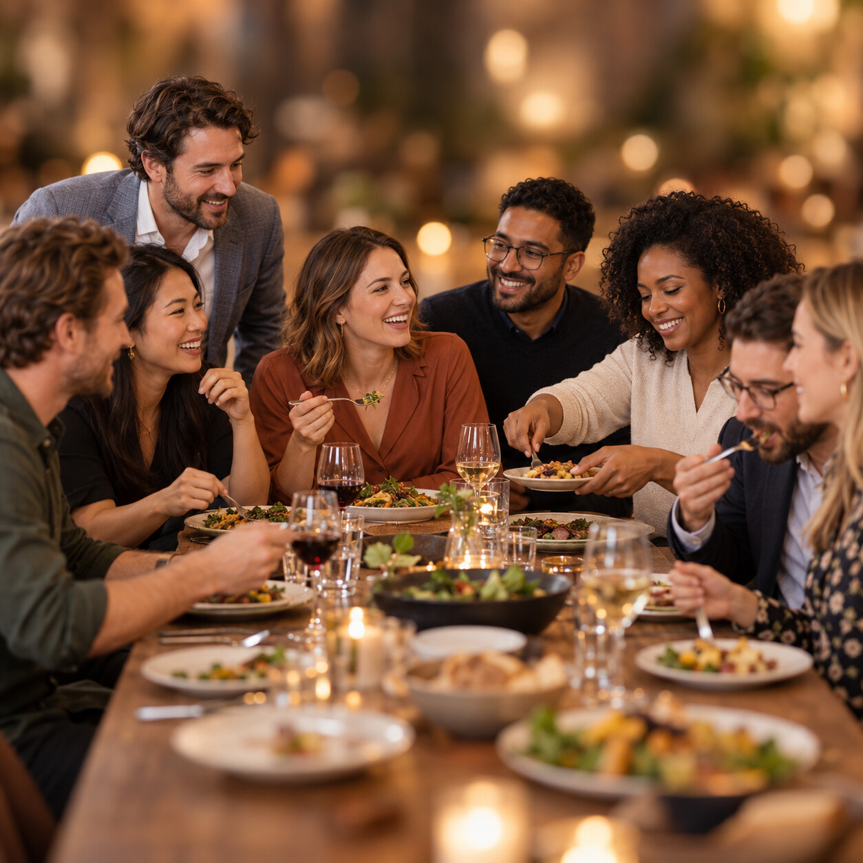 Een groep volwassenen die samen eet, drinkt en zichtbaar geniet van een gezellige avond